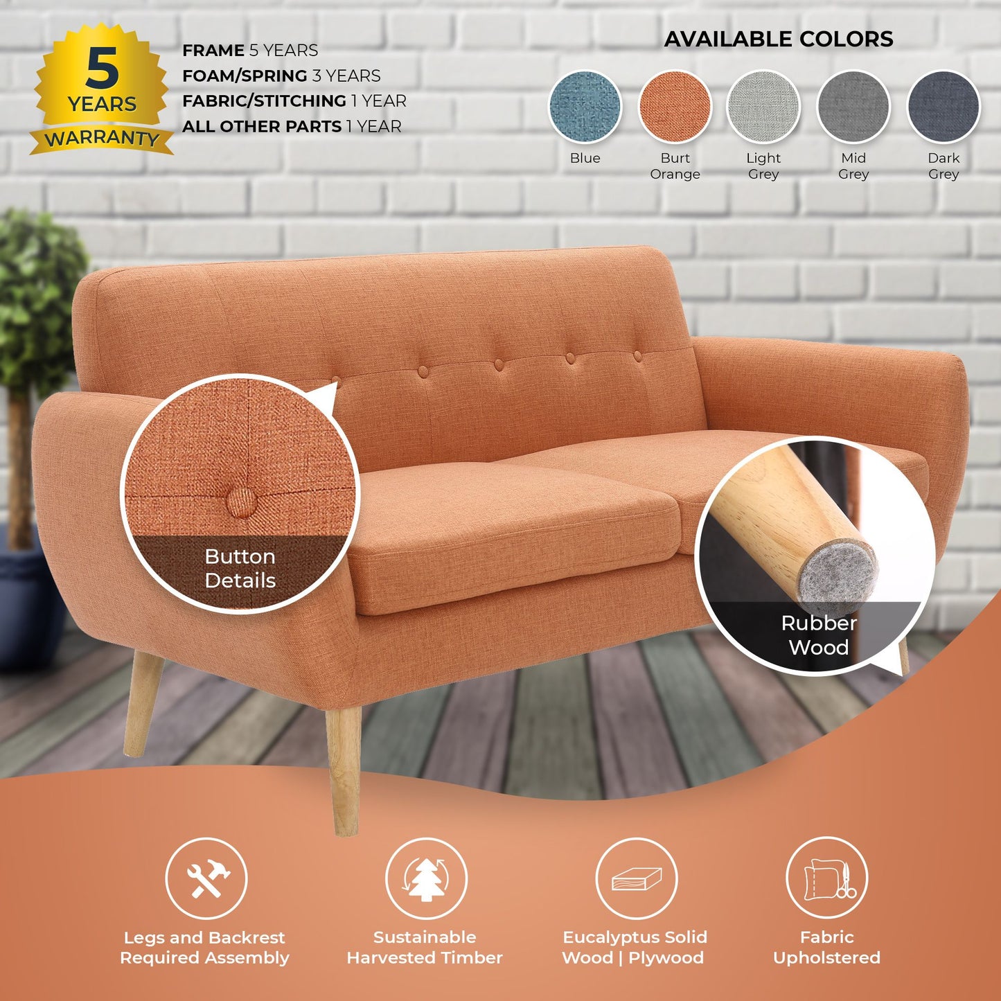 Dane 3 + 1 Seater Fabric Upholstered Sofa Armchair Lounge Couch - Orange