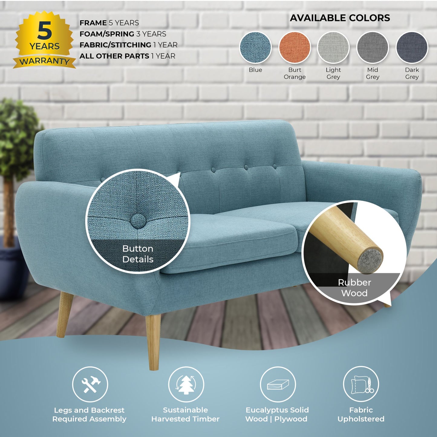 Dane 3 + 1 + 1 Seater Fabric Upholstered Sofa Armchair Lounge Couch - Blue