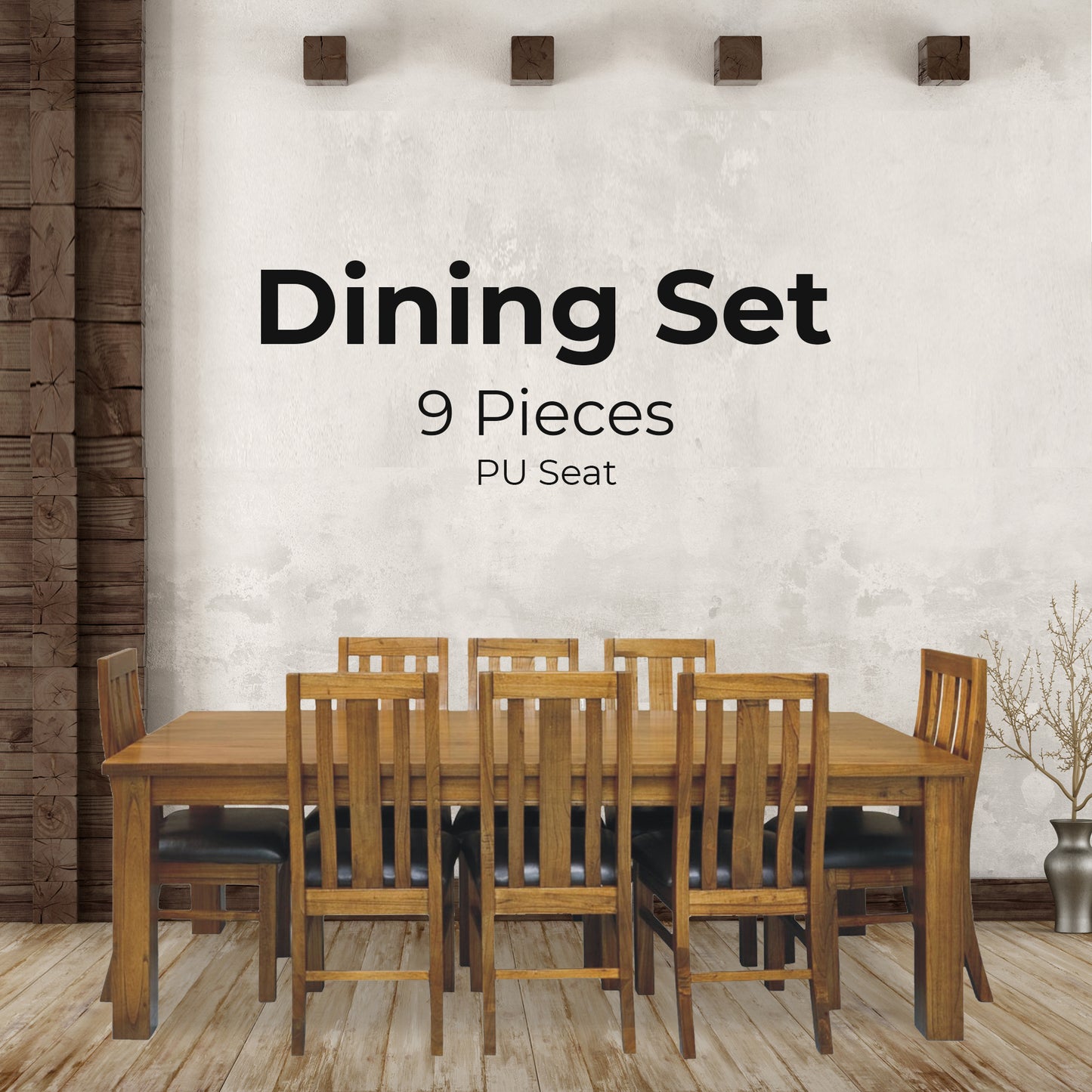 Birdsville 9pc Dining Set 225cm Table 8 PU Seat Chair Solid Mt Ash Wood - Brown