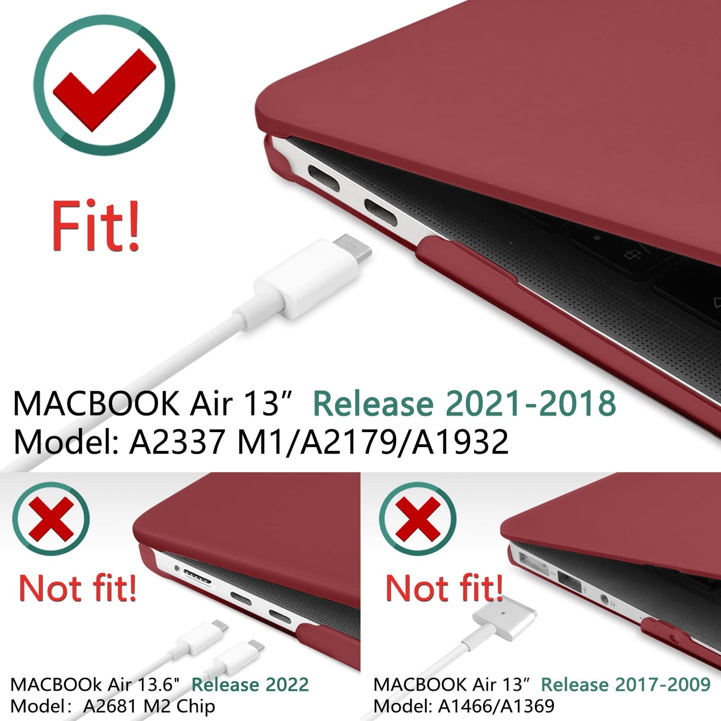 MacBook Air 13 Inch Case 2020 2019 2018, A1932, A2179,A2337 Shell Case Keyboard Cover Wine Red