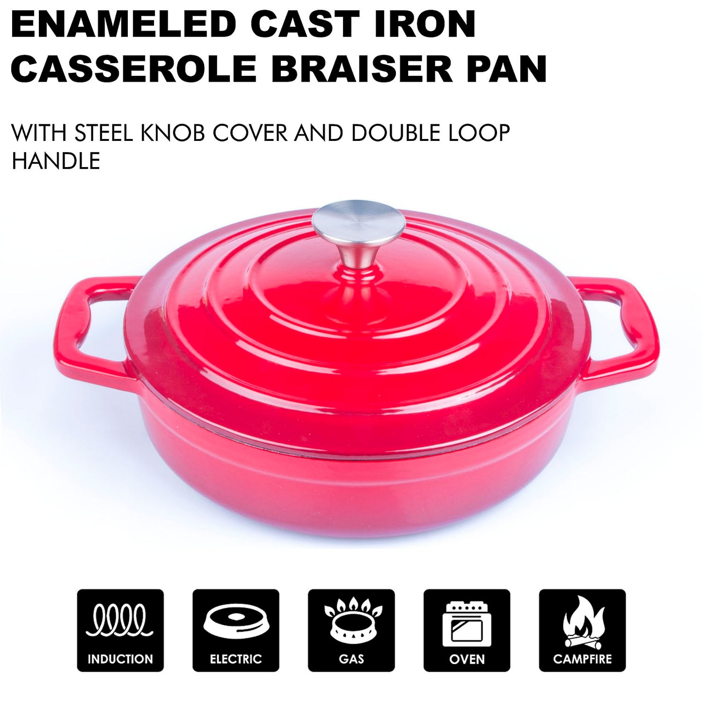 Enameled Cast Iron Cookware Casserole Braiser Pan, Round CastIron Skillet lid for Oven Red