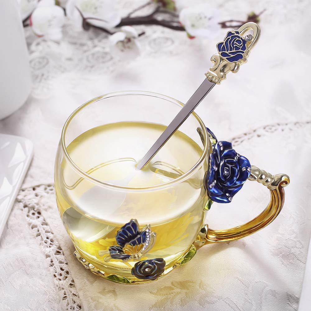 Hand Made Enamel daisy Flower Glass Coffee Mug Tea Cup Spoon Gift Idea