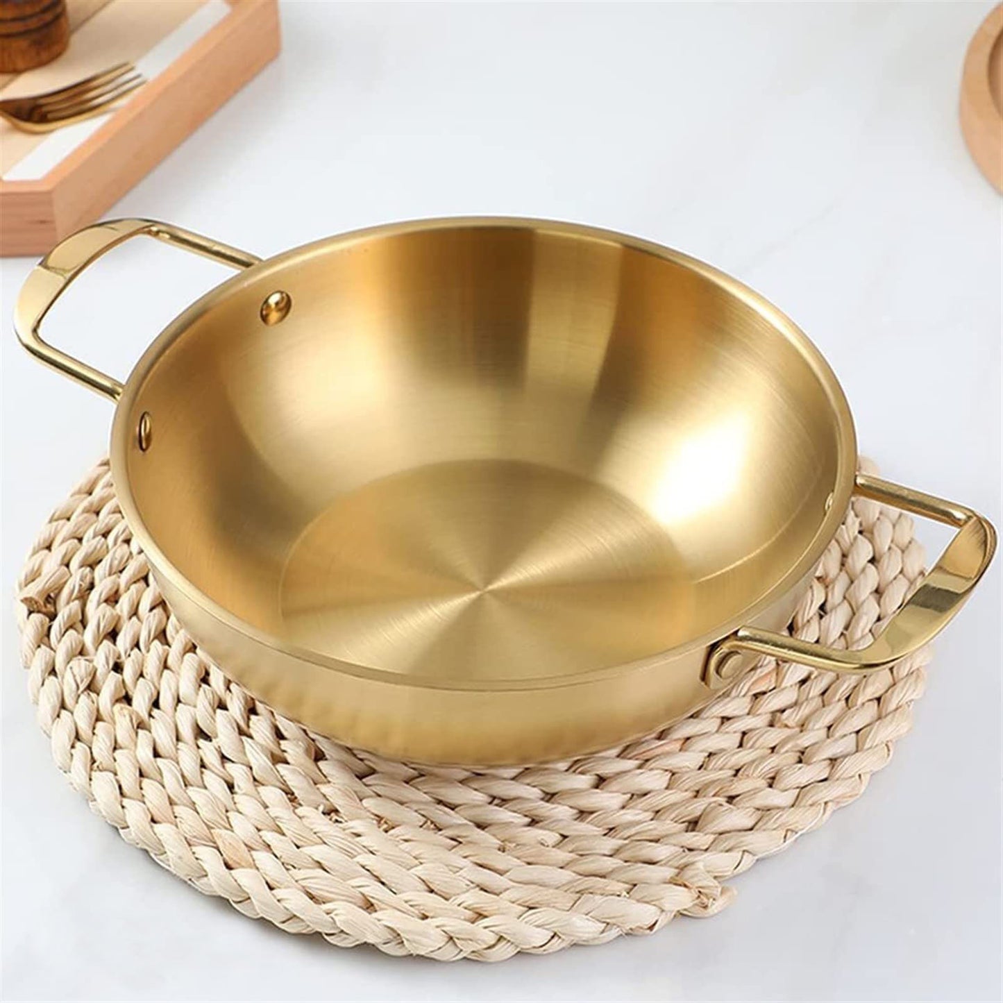 26cm Gold Seafood Paella Pan with Riveted Chrome Plated Handles Dishwasher Safe