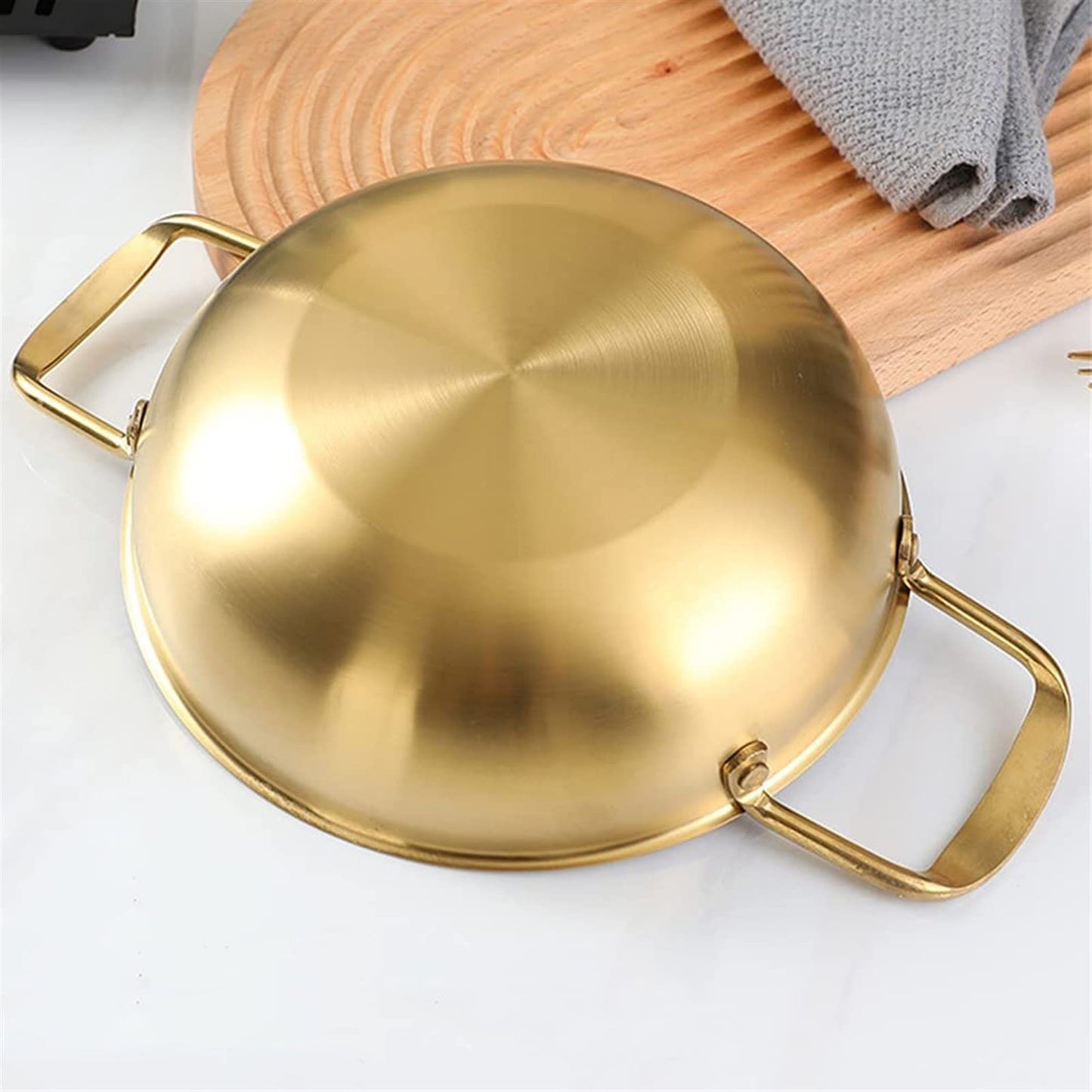 26cm Gold Seafood Paella Pan with Riveted Chrome Plated Handles Dishwasher Safe