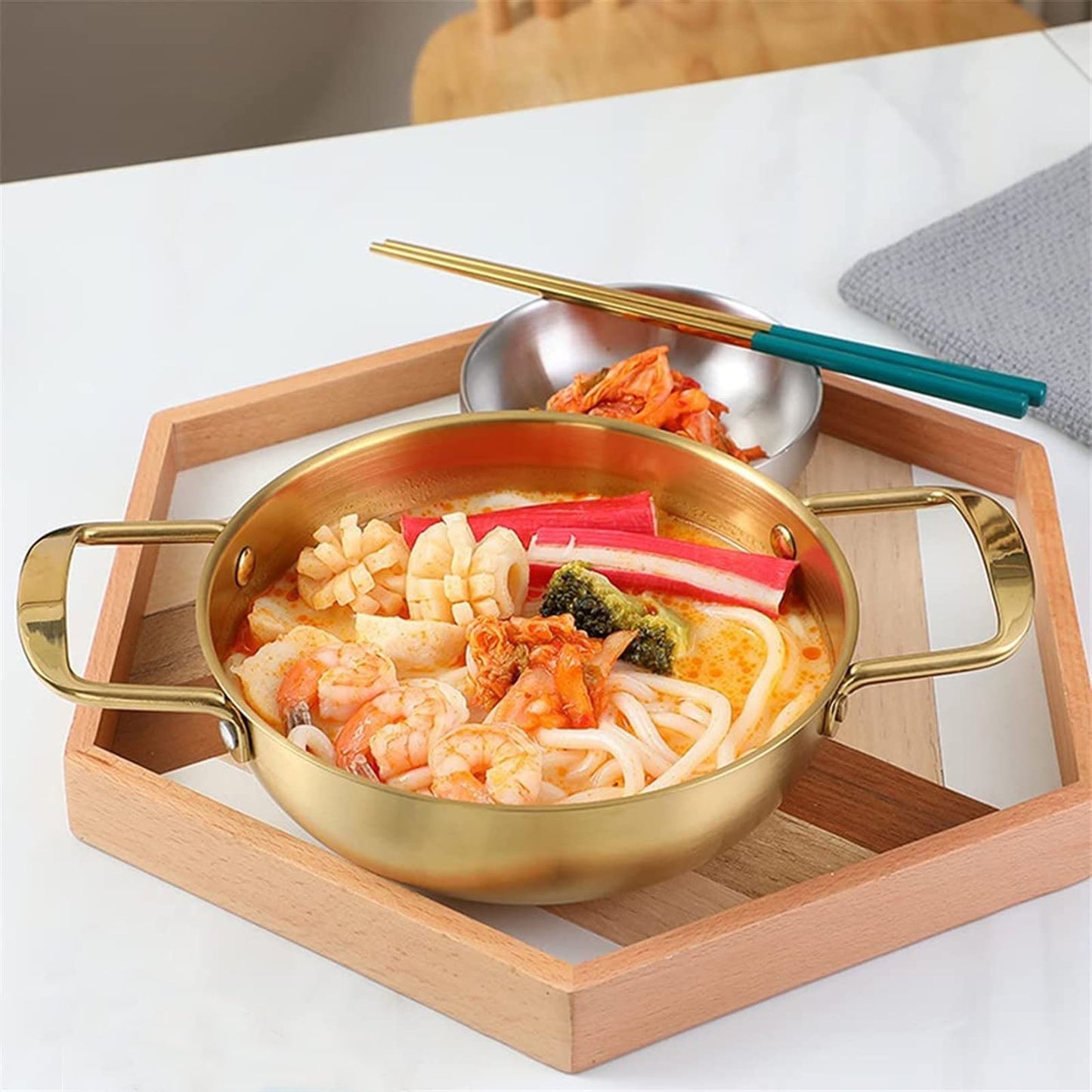 26cm Gold Seafood Paella Pan with Riveted Chrome Plated Handles Dishwasher Safe