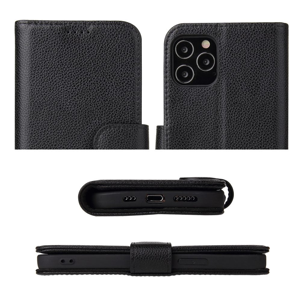 For iPhone 12 mini Case iCoverLover Black Genuine Cow Leather Wallet Folio Case