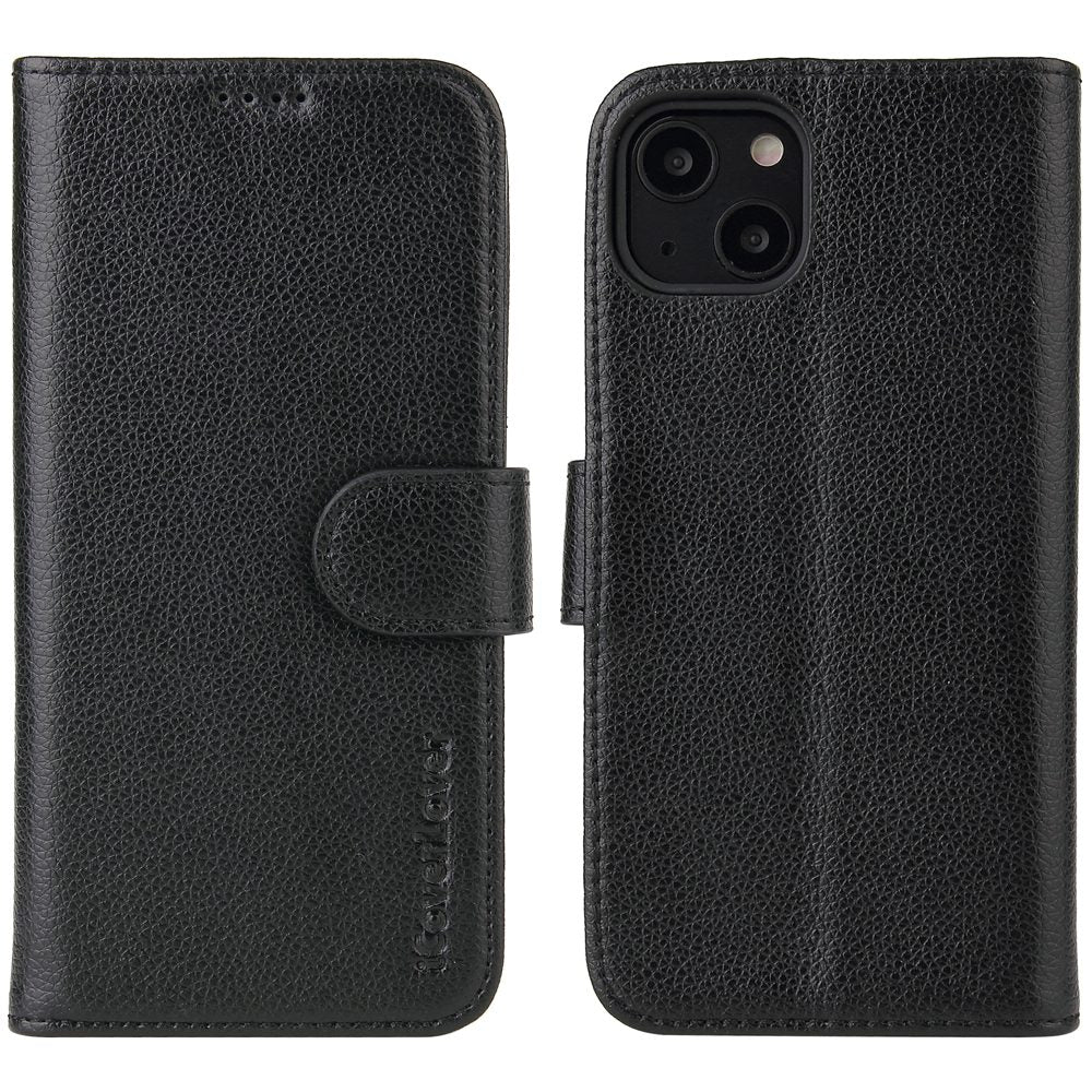 For iPhone 13 Case iCoverLover Black Genuine Cow Leather Wallet Folio Cover