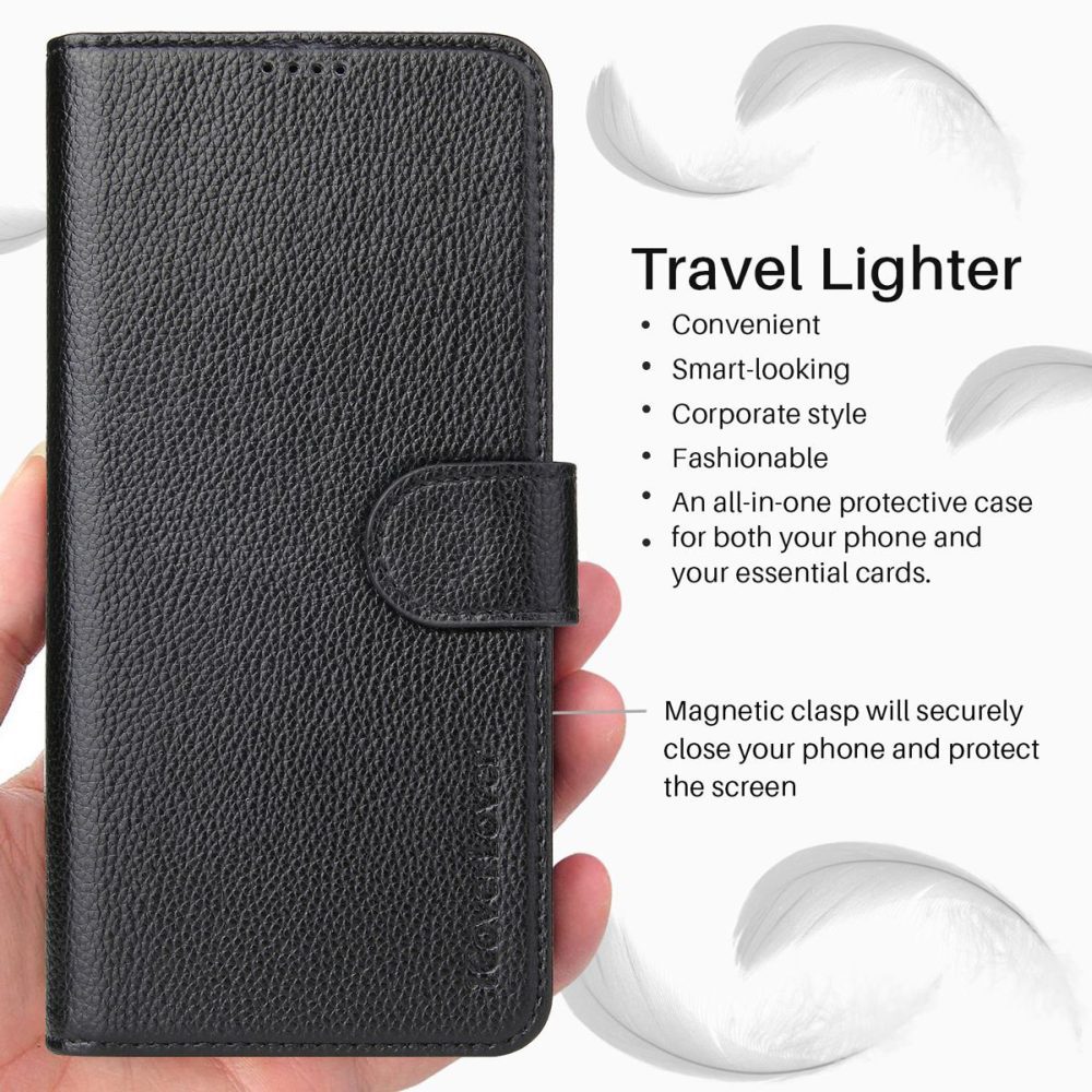 For iPhone 13 Case iCoverLover Black Genuine Cow Leather Wallet Folio Cover