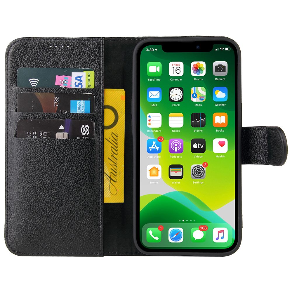 For iPhone 13 Case iCoverLover Black Genuine Cow Leather Wallet Folio Cover