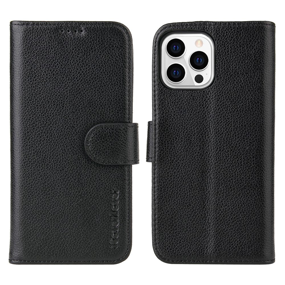 For iPhone 14 Pro Case iCoverLover Black Genuine Cow Leather Wallet Folio Cover