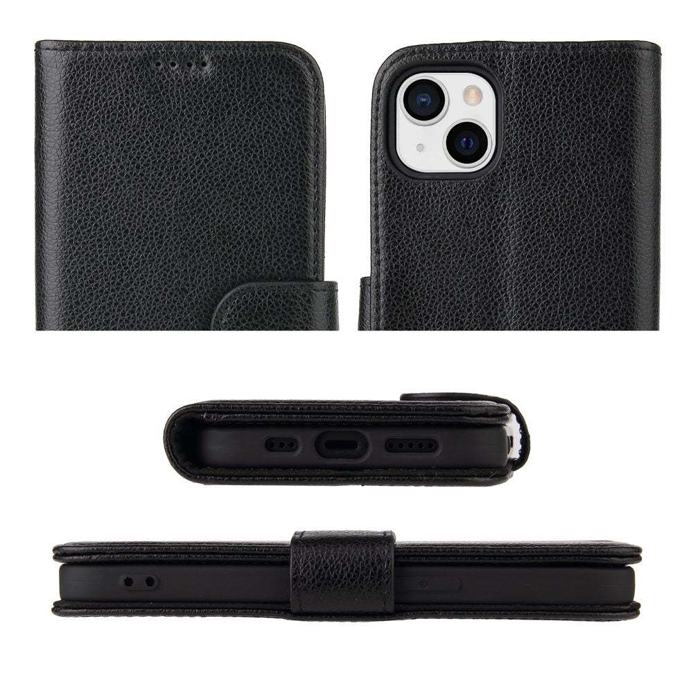 For iPhone 14 Plus Case iCoverLover Black Genuine Cow Leather Wallet Folio Cover