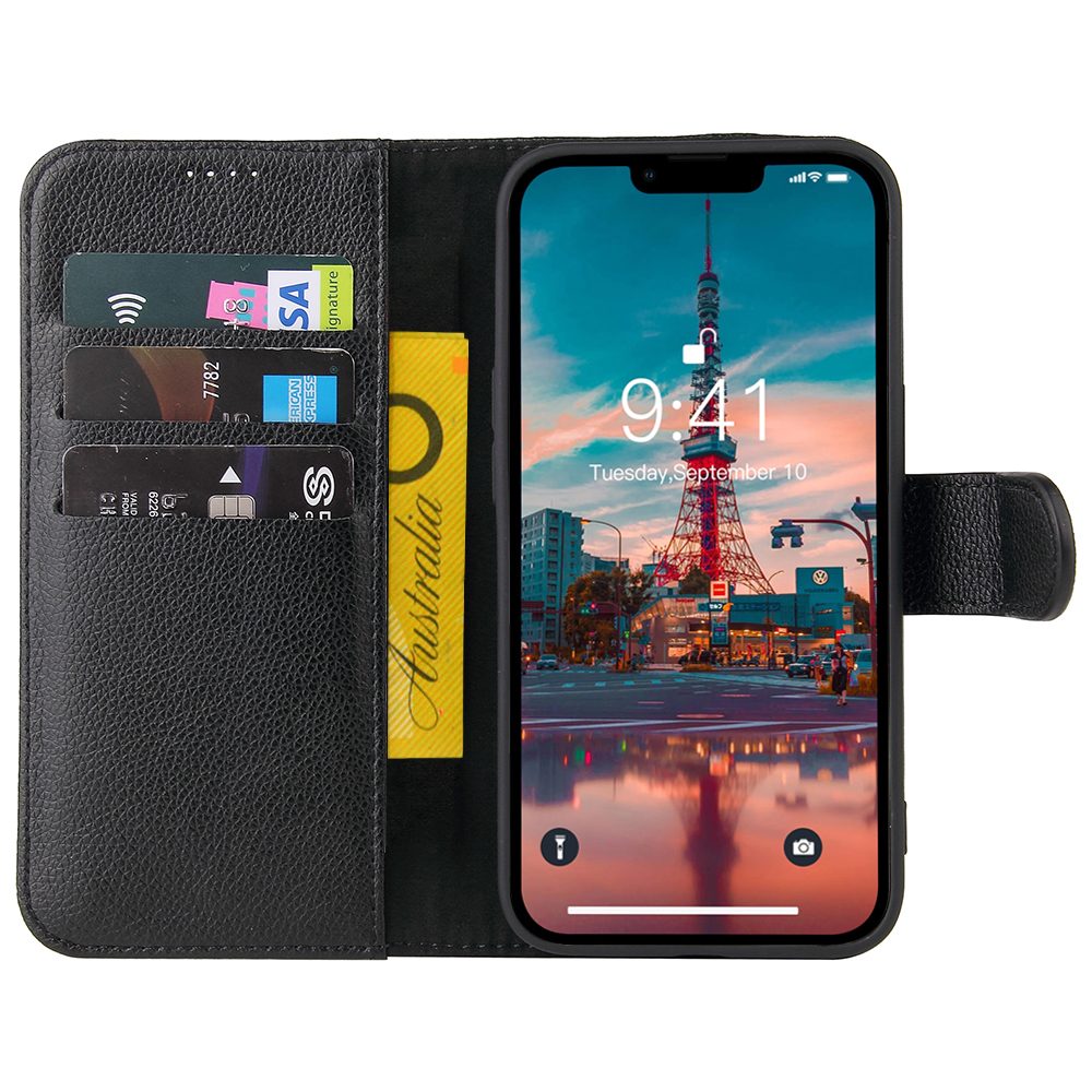 For iPhone 14 Plus Case iCoverLover Black Genuine Cow Leather Wallet Folio Cover