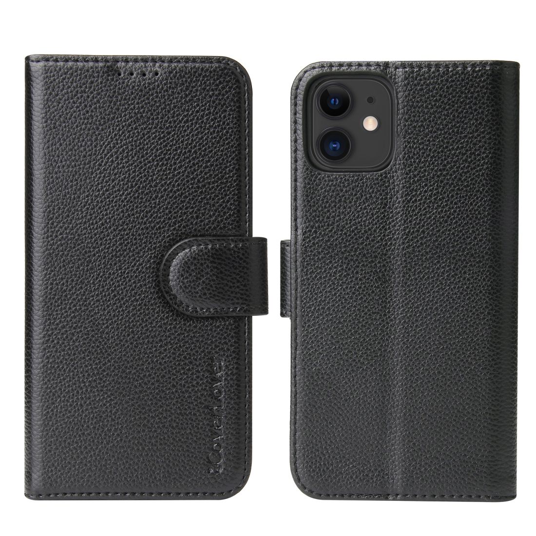 For iPhone 11 Case iCoverLover Black Genuine Cow Leather Wallet Folio Case