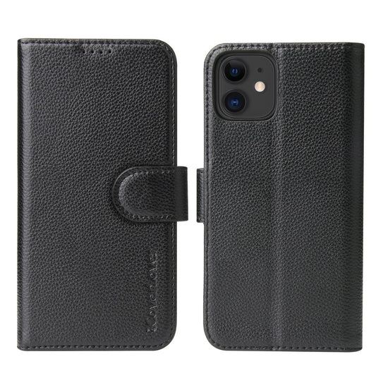 For iPhone 11 Case iCoverLover Black Genuine Cow Leather Wallet Folio Case