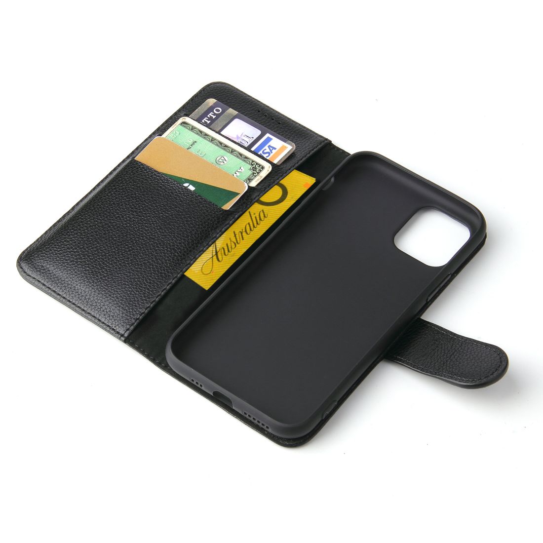 For iPhone 11 Case iCoverLover Black Genuine Cow Leather Wallet Folio Case