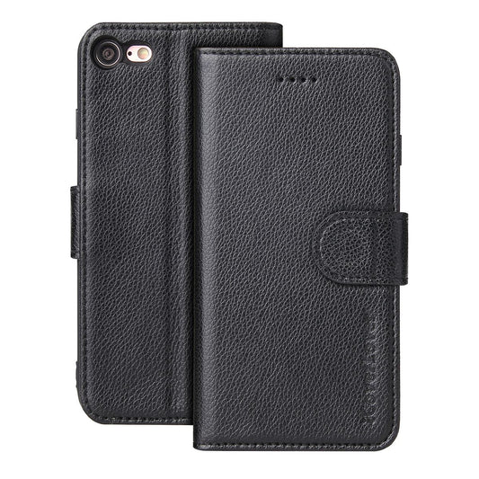 For iPhone SE 5G (2022), SE (2020) / 8 / 7 Case, Genuine Cow Leather Wallet Cover,Black