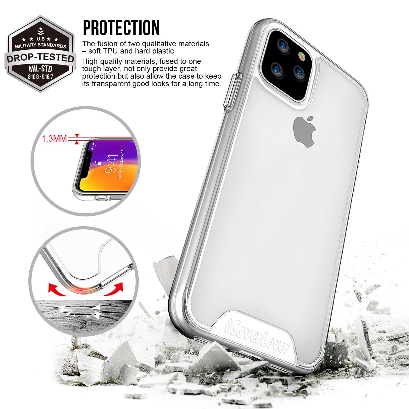 For iPhone 11 Pro Case iCoverLover Shockproof Clear Cover Thin Transparent