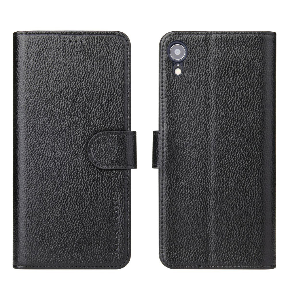 For iPhone XR Case iCoverLover Black Genuine Leather Wallet Folio Case