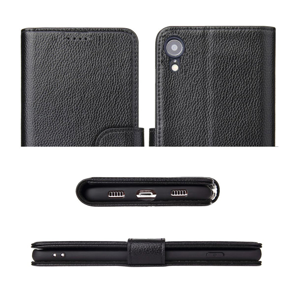 For iPhone XR Case iCoverLover Black Genuine Leather Wallet Folio Case