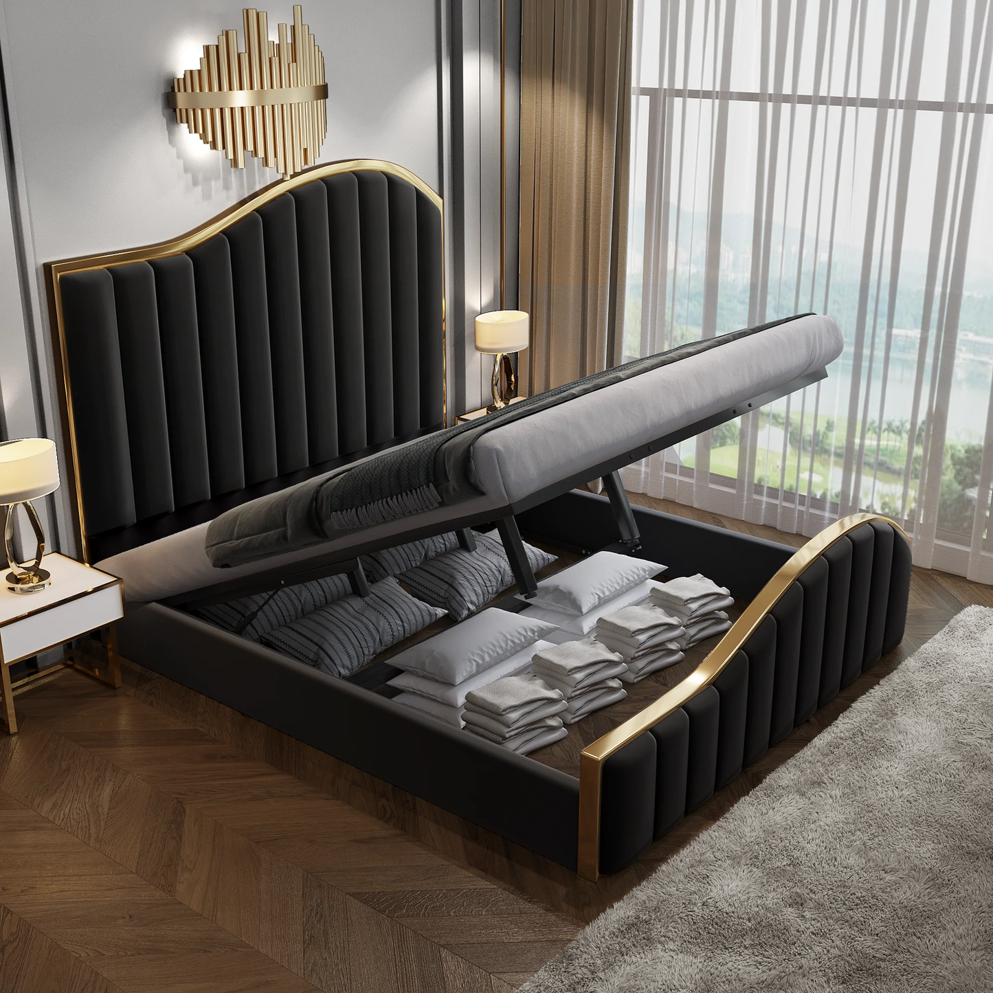 Elegant Luxury King Size Velvet Fabric Storage Bedframe Golden Trim-Black