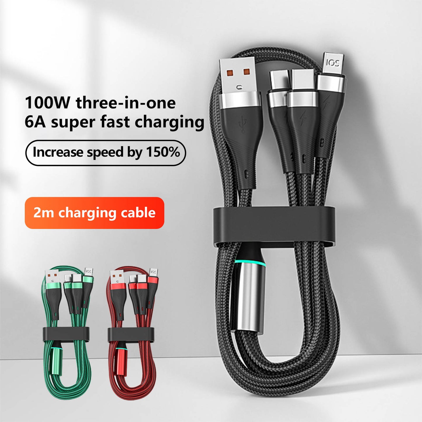 Mobax Nylon Woven Lamp 100W Fast Charging 3-in-1 Charger Cable For Apple Samsung Black