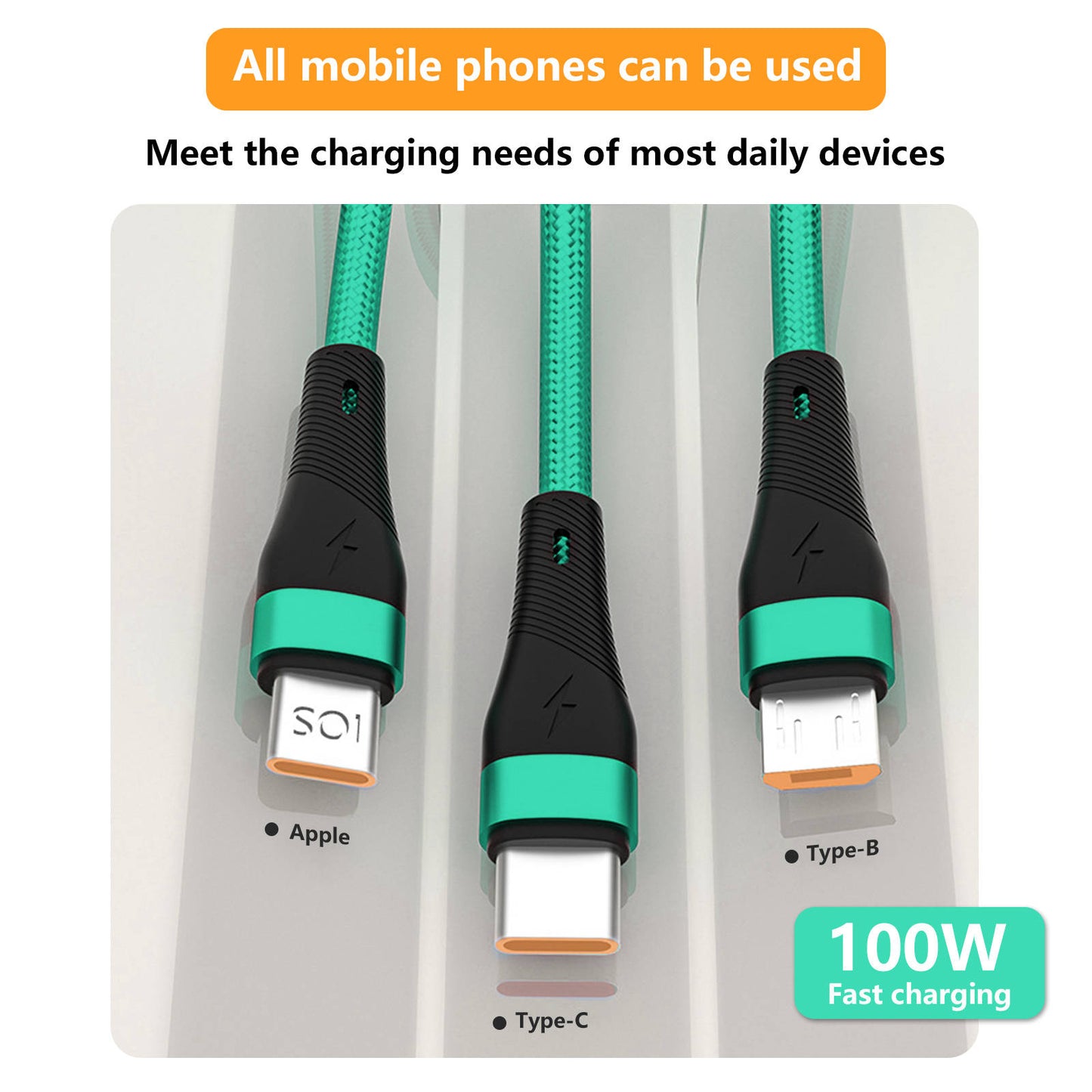 Mobax Nylon Woven 100W Super Fast Charging 3-in-1 USB Charger Charging Cable Green