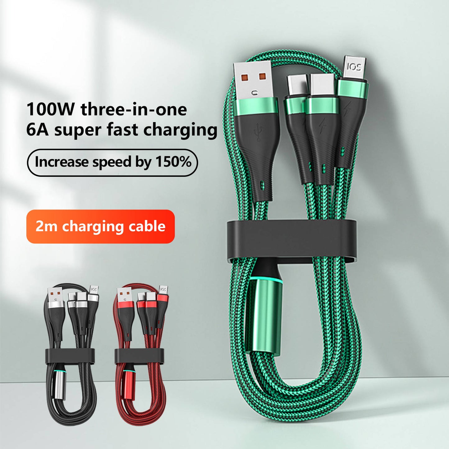 Mobax Nylon Woven Lamp 100W Fast Charging 3-in-1 Charger Cable For Apple Samsung Green