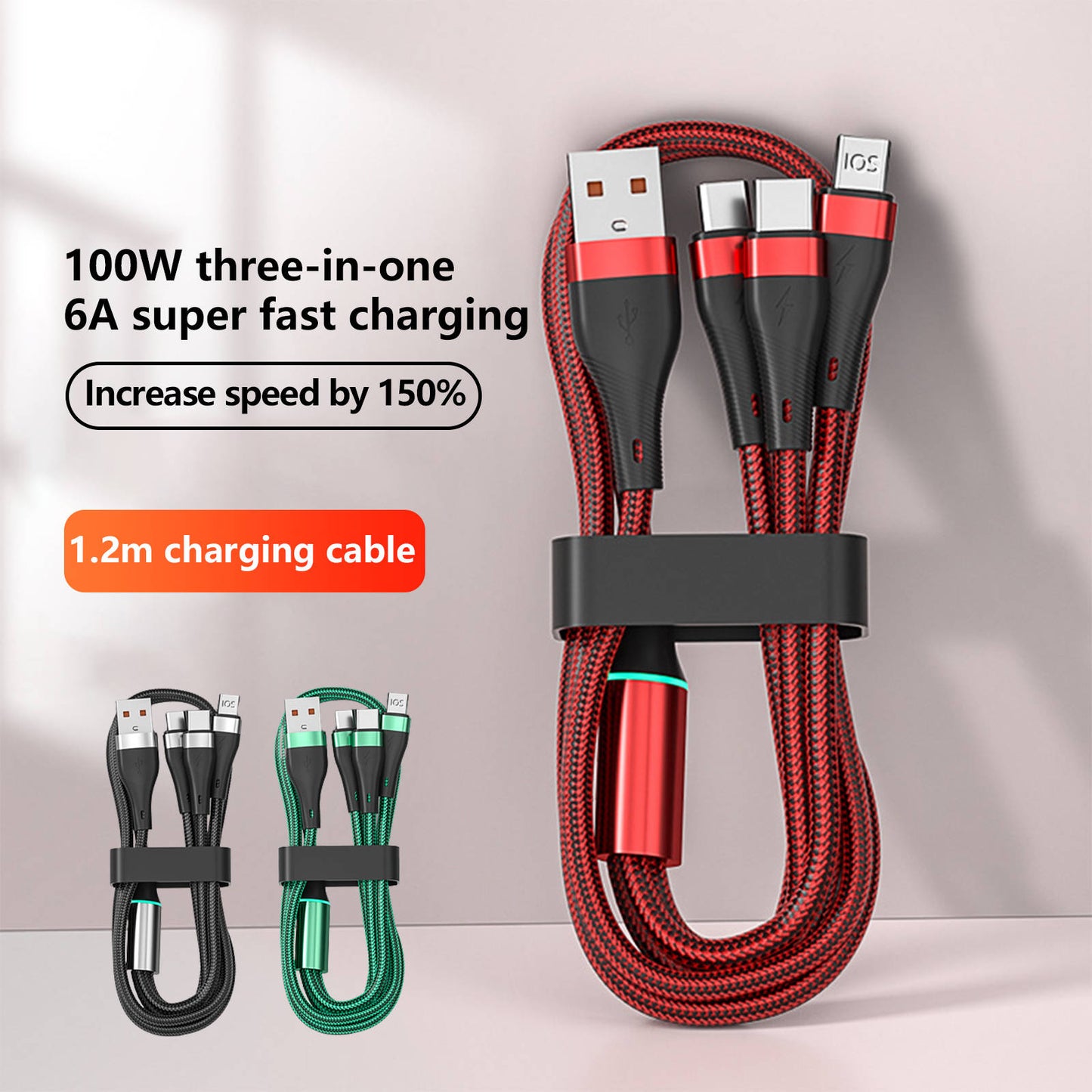 Mobax Nylon Woven 100W Super Fast Charging 3-in-1 USB Charger Charging Cable Red