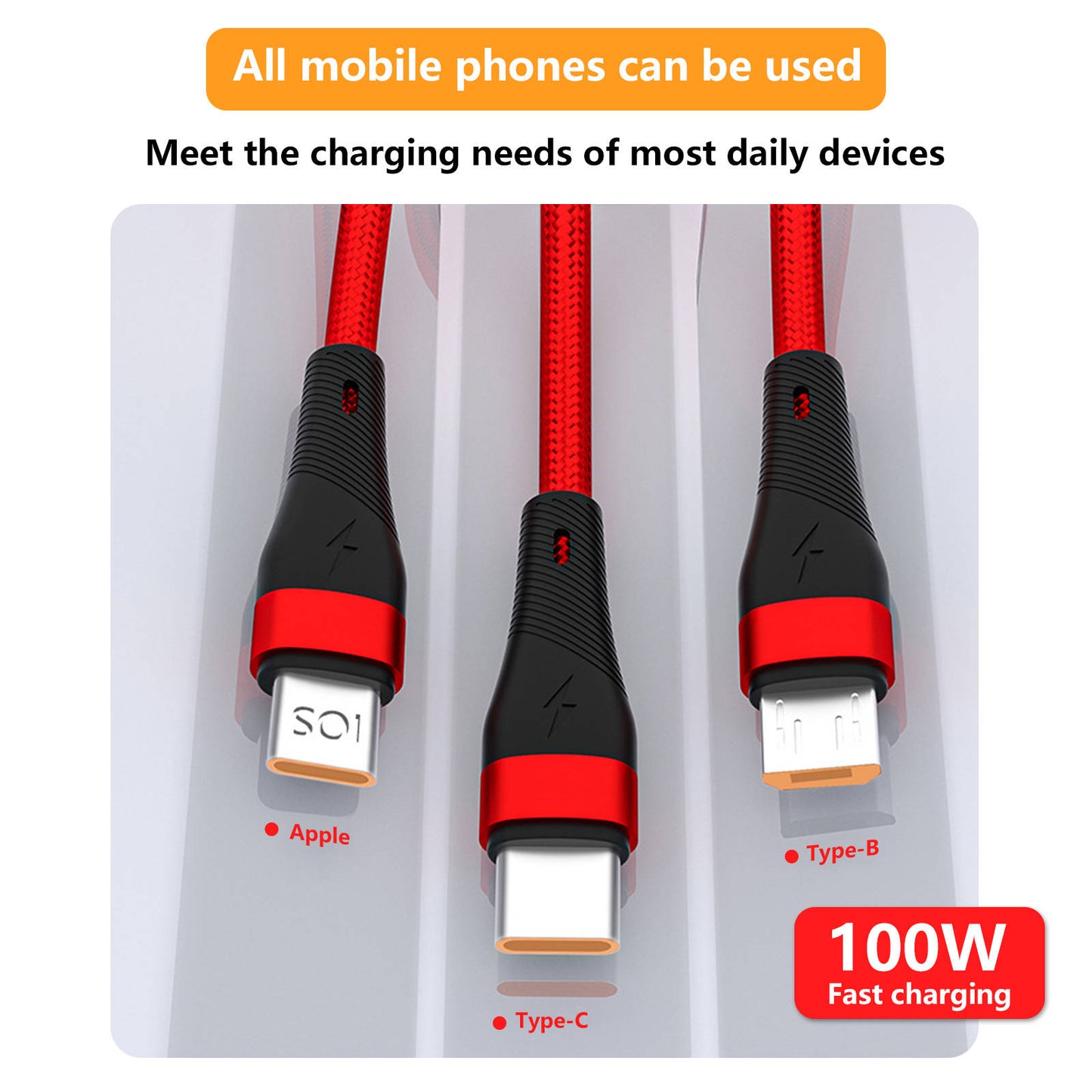 Mobax Nylon Woven Lamp 100W Fast Charging 3-in-1 Charger Cable For Apple Samsung Red