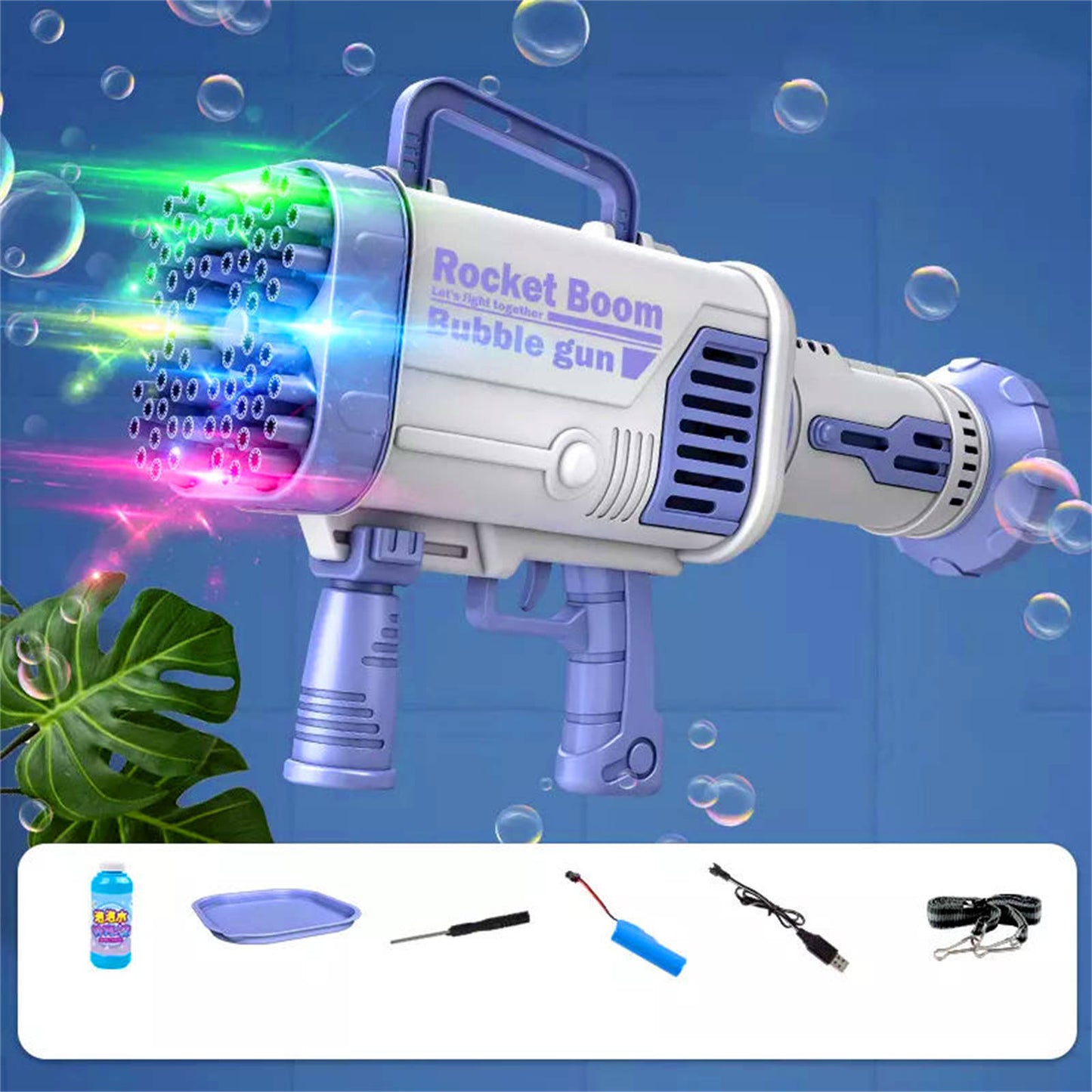 Bubblerainbow 64 Hole Electric Bubble Machine Hand-Held Rocket Gatling Bubble Gun Toy Blue