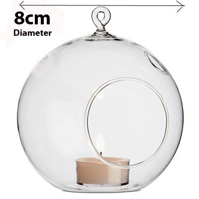 4 x Hanging Clear Glass Ball Tealight Candle Holder  - 8cm Diameter / High - Wedding Globe Decoration Terrarium Succulent Plant Mini Garden Holder Decor Craft Gift