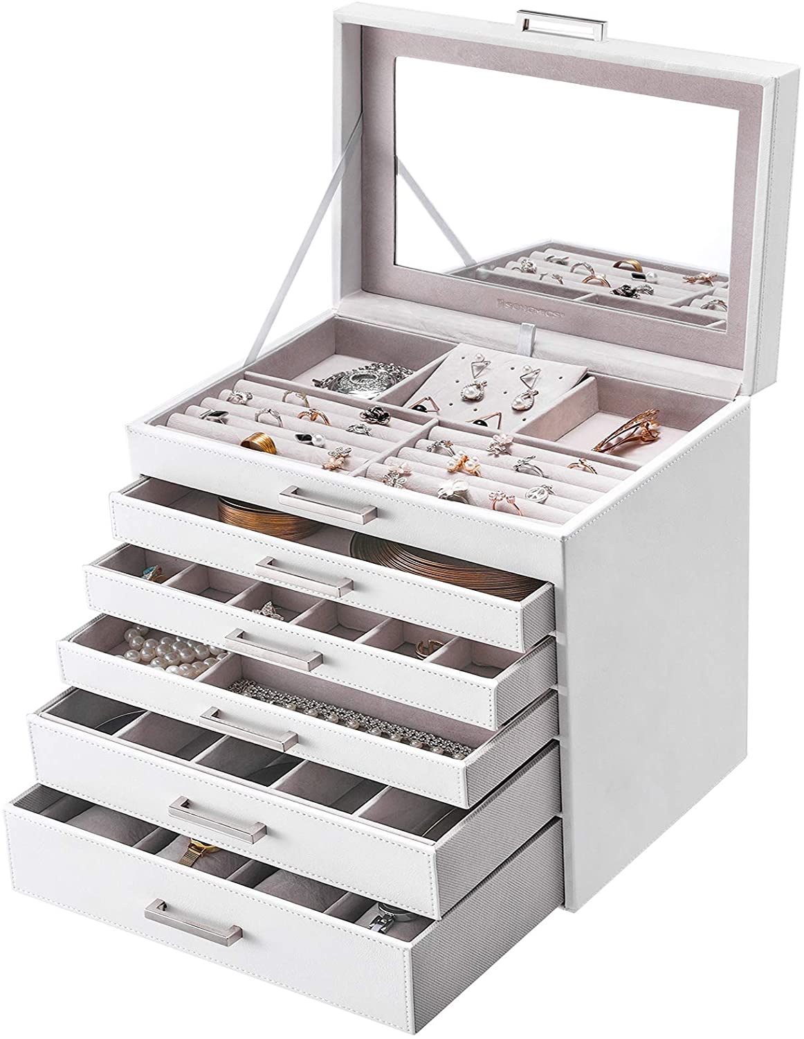 SONGMICS Jewellery White Box with 6 Layers and 5 Drawers