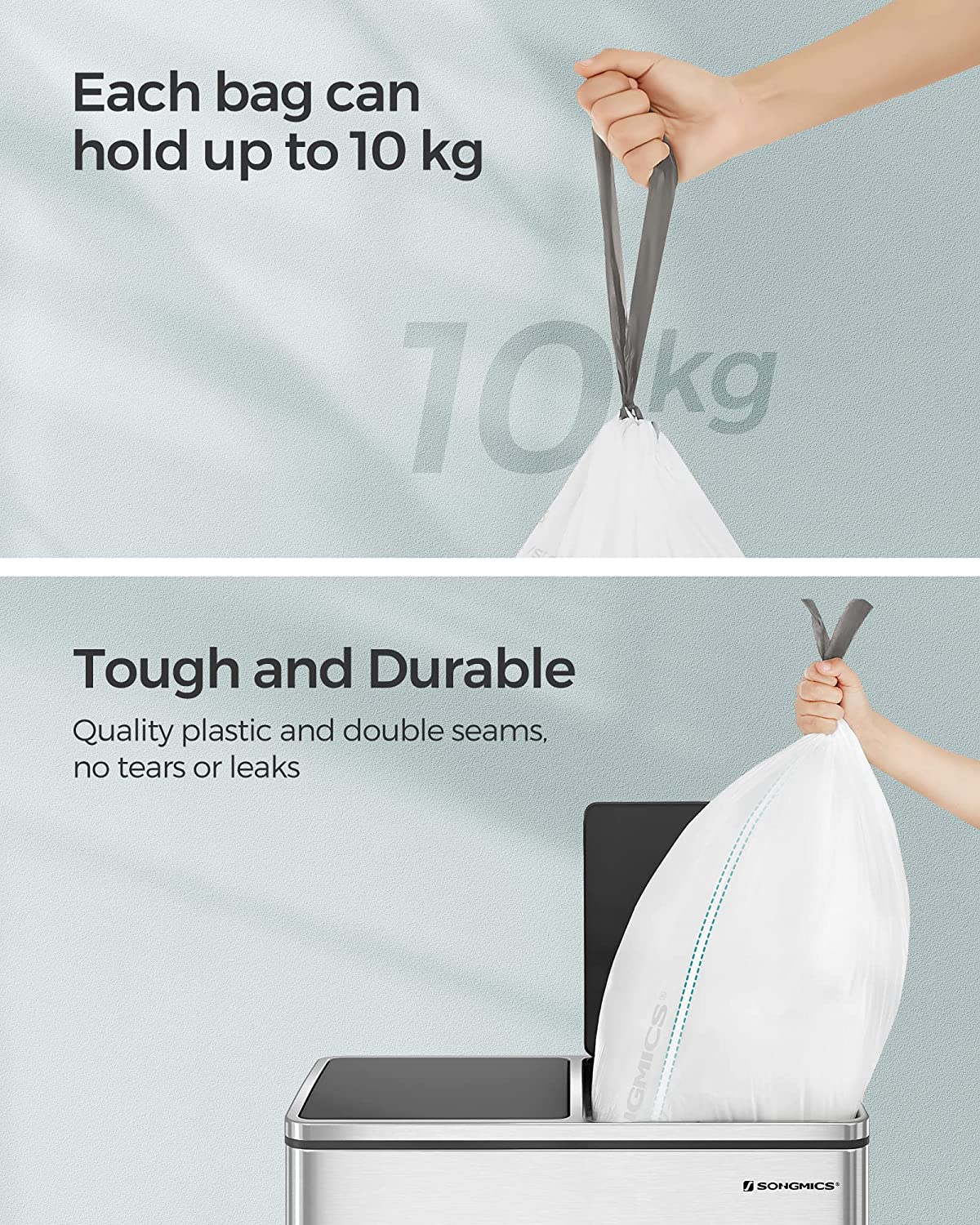 SONGMICS 2-Roll Drawstring Trash Bags Bundle，Suitable for SONGMICS Dual 2 x 30L Rubbish Bin - Leakproof, Strong HDPE, White Garbage Liners