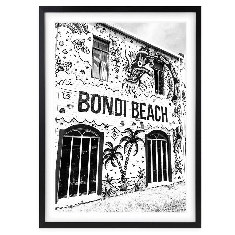 Wall Art's Welcome To Bondi Bw Large 105cm x 81cm Framed A1 Art Print