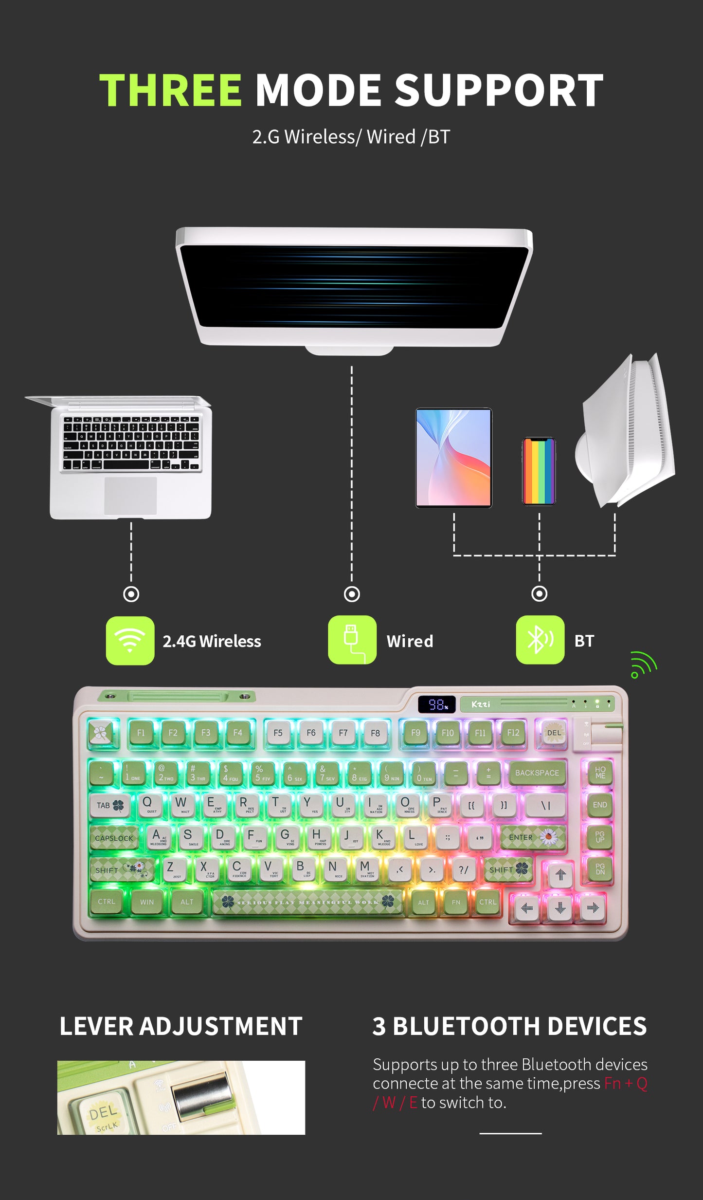 KZZI K75 PRO RGB 75% Wireless Gasket Mechanical Night Grey Keyboard, Triple Mode, Eternity Tactile Switch