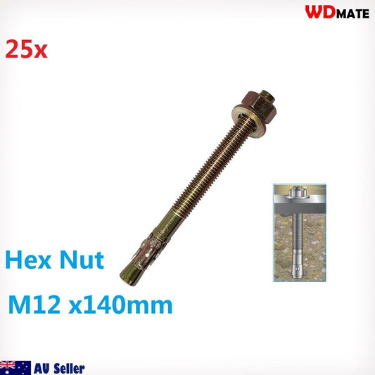 25x Wedger Anchor Bolt M12x140mm Building Construct Concret Zinc Plat Hex WDMATE