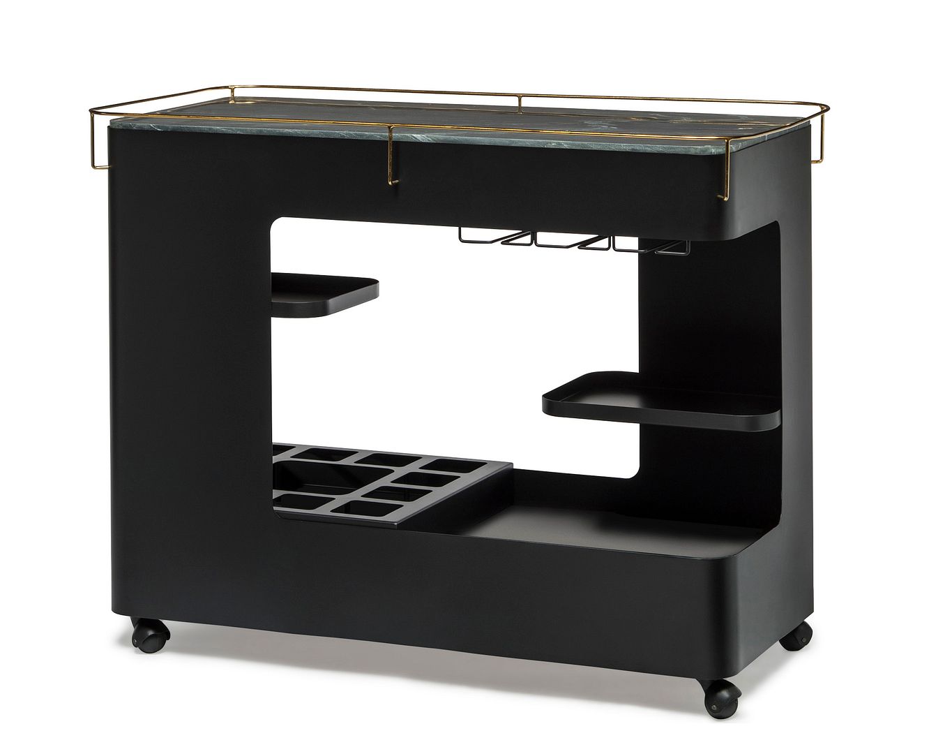 Large Contemporary Black Gold Drinks Trolley Bar Cart with Marble Top and Stemware Rack