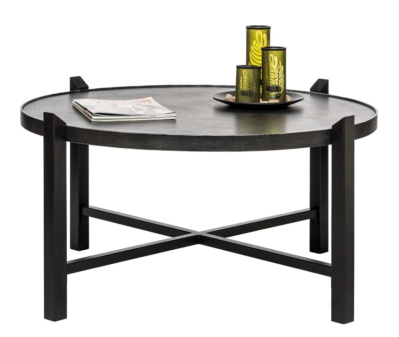 Modern Black Round Coffee Table with Silver Finish Engraved Top