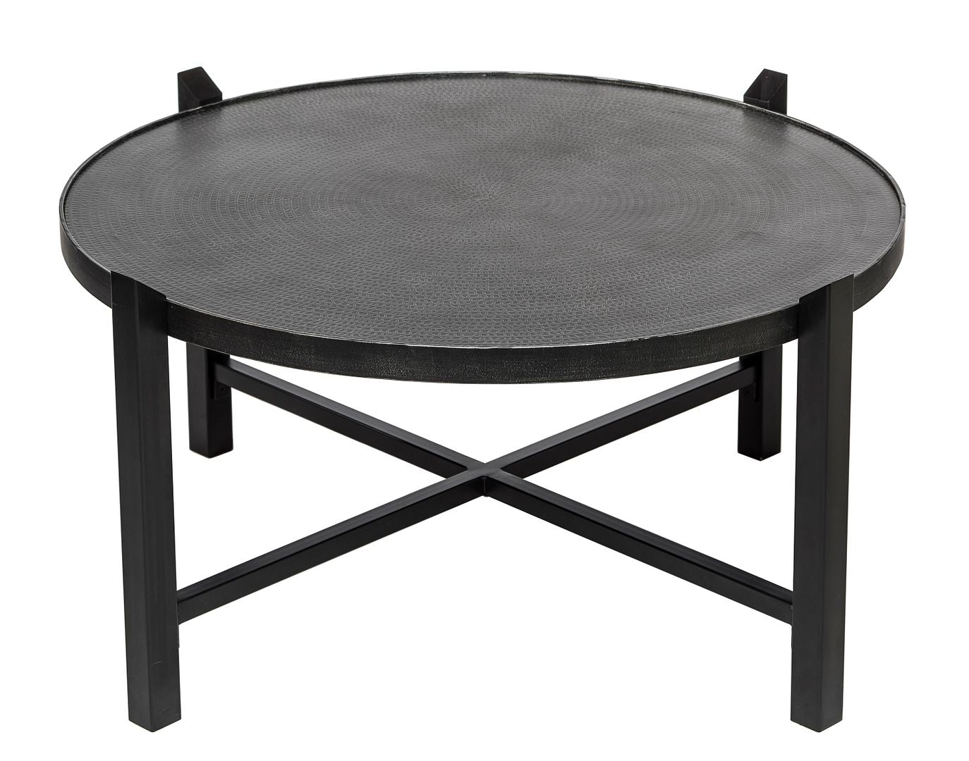 Modern Black Round Coffee Table with Silver Finish Engraved Top