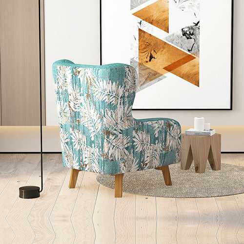 Armchair High back Lounge Accent Chair Designer Printed Fabric with Wooden Leg