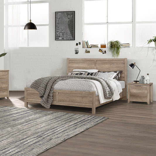 3 Pieces Bedroom Suite Natural Wood Like MDF Structure King Size Oak Colour Bed, Bedside Table