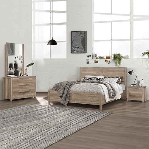 4 Pieces Bedroom Suite Natural Wood Like MDF Structure King Size Oak Colour Bed, Bedside Table & Dresser