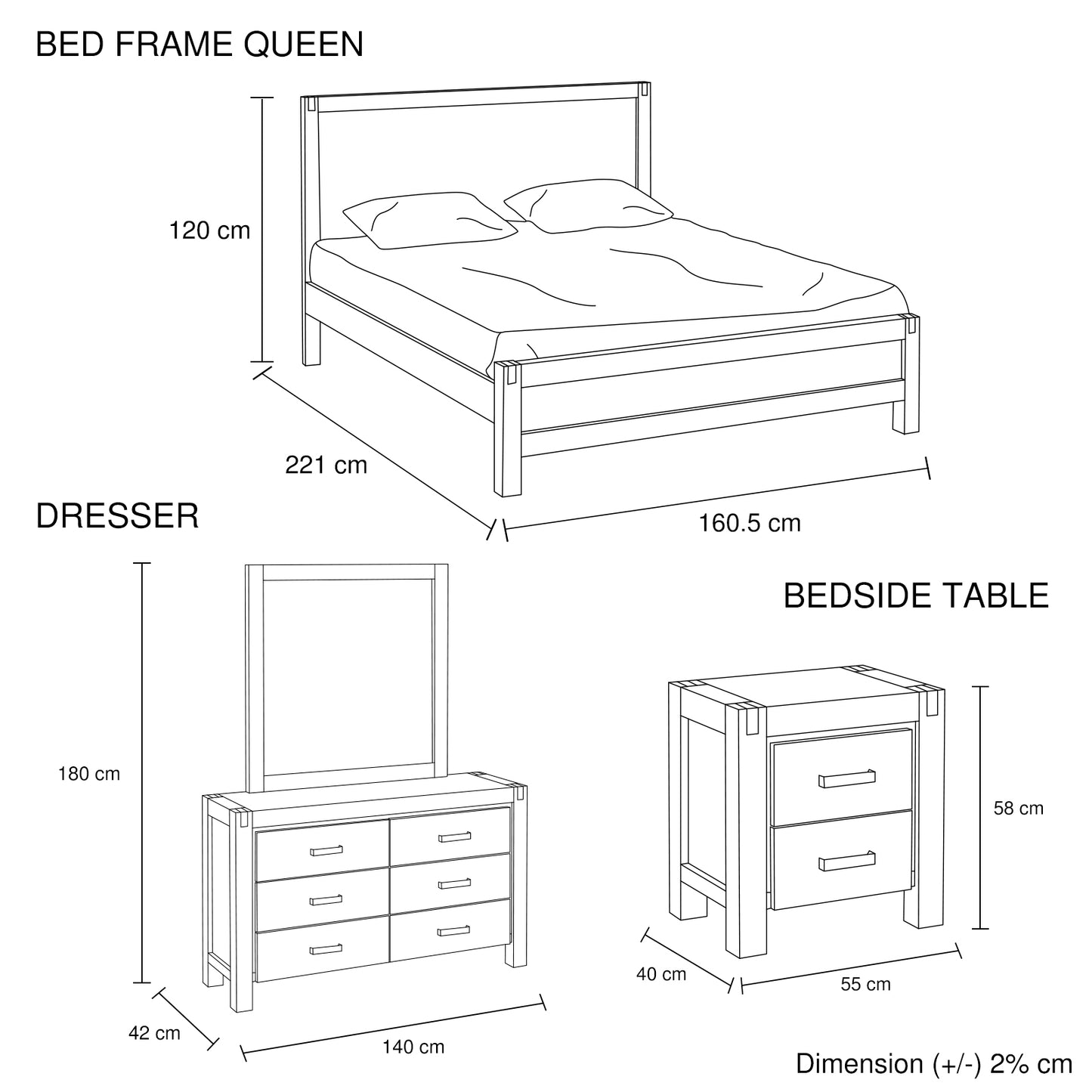 4 Pieces Bedroom Suite in Solid Wood Veneered Acacia Construction Timber Slat Queen Size Oak Colour Bed, Bedside Table & Dresser