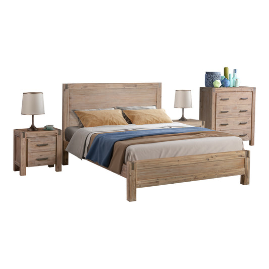 4 Pieces Bedroom Suite in Solid Wood Veneered Acacia Construction Timber Slat Queen Size Oak Colour Bed, Bedside Table & Tallboy