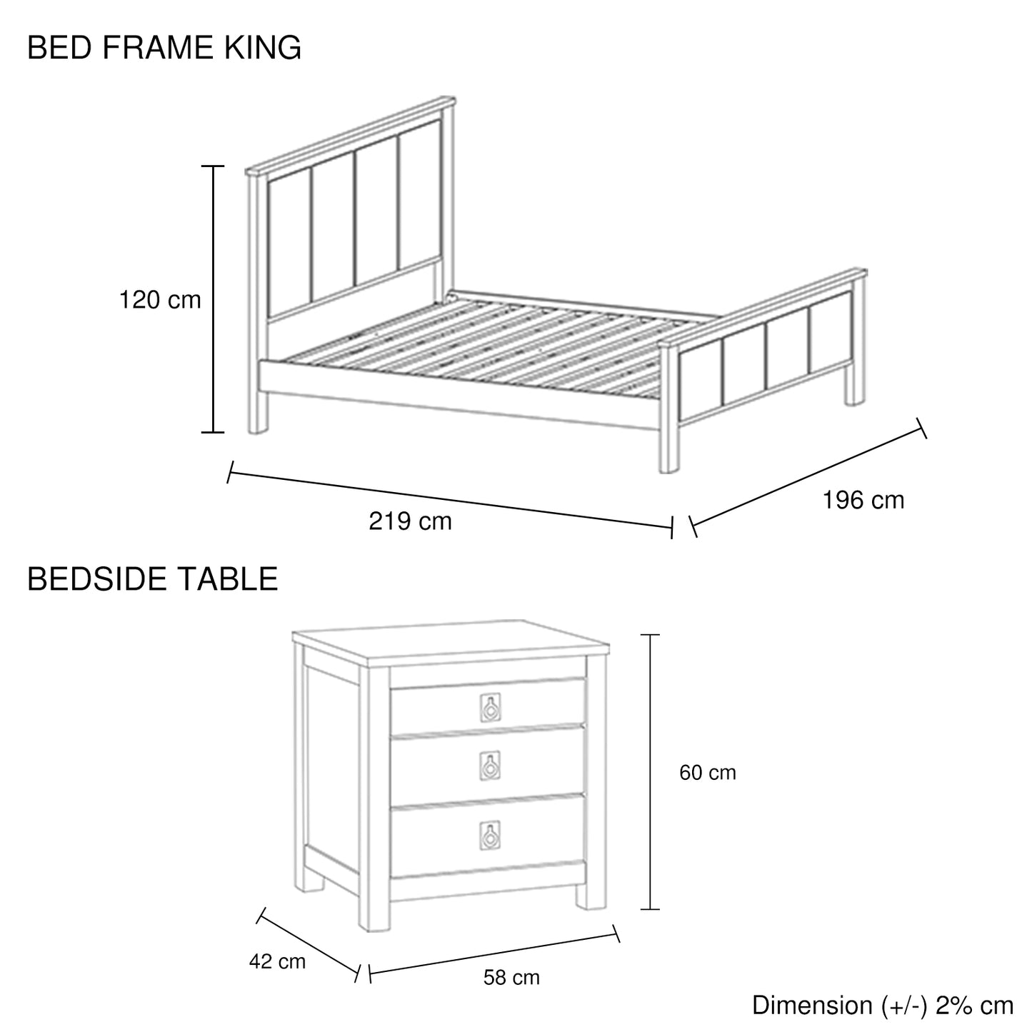 3 Pieces Bedroom Suite with Solid Acacia Wood Veneered Construction in King Size White Ash Colour Bed, Bedside Table