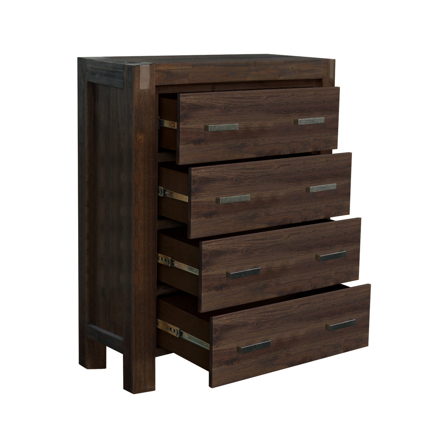 5 Pieces Bedroom Suite in Solid Wood Veneered Acacia Construction Timber Slat Queen Size Chocolate Colour Bed, Bedside Table , Tallboy & Dresser