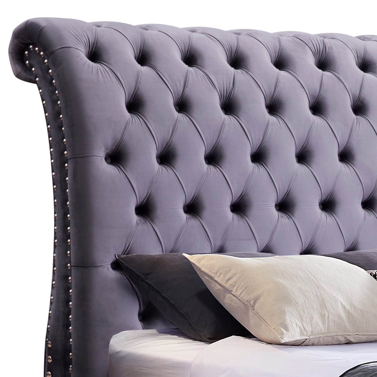 King Size Sleigh Bedframe Velvet Upholstery Grey Colour Tufted Headboard And Footboard Deep Quilting