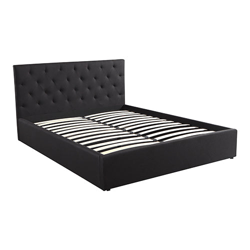 Gas Lift Queen Size Storage Bed Frame Upholstery Fabric in Black Colour with Tufted Headboard