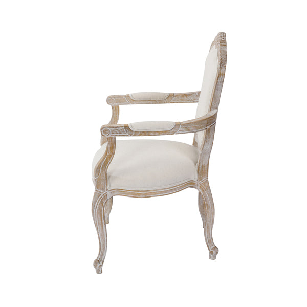 Arm Chair Linen Fabric Beige Oak Wood White Washed Finish