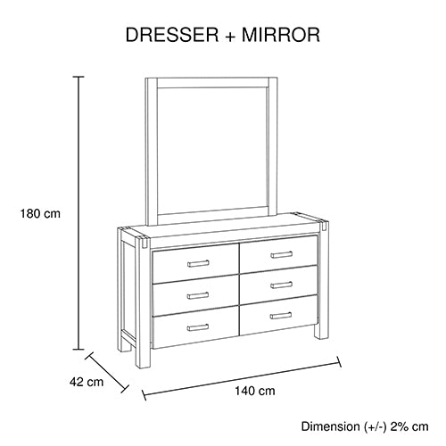 Dresser with 6 Storage Drawers in Solid Acacia & Veneer With Mirror in Chocolate Colour